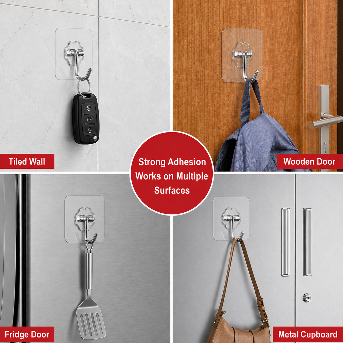 RIGIDANT hooks holding keys, bags and utensils on multiple surfaces