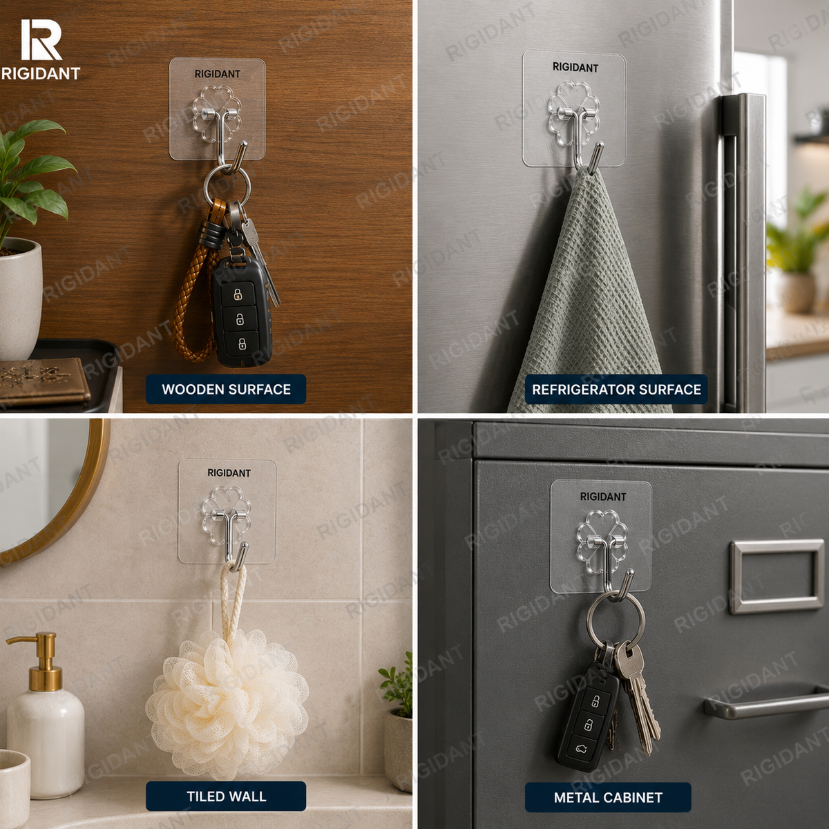RIGIDANT Stainless Steel Self Adhesive Wall Hook | No Drilling | Waterproof | Rustproof | Heavy Duty 5 KG | Damage-Free Removable Hook for Bathroom, Kitchen, Bedroom & Office