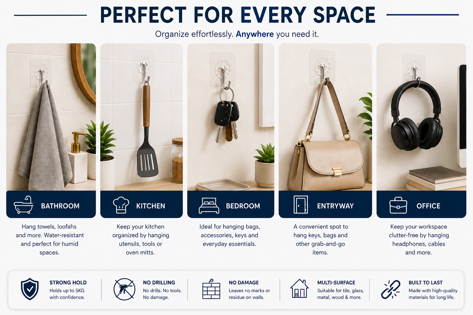 RIGIDANT Stainless Steel Self Adhesive Wall Hook | No Drilling | Waterproof | Rustproof | Heavy Duty 5 KG | Damage-Free Removable Hook for Bathroom, Kitchen, Bedroom & Office