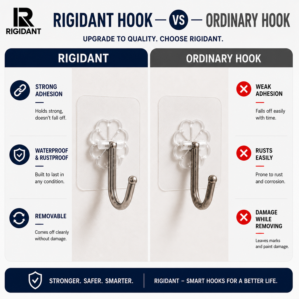 RIGIDANT Stainless Steel Self Adhesive Wall Hook | No Drilling | Waterproof | Rustproof | Heavy Duty 5 KG | Damage-Free Removable Hook for Bathroom, Kitchen, Bedroom & Office