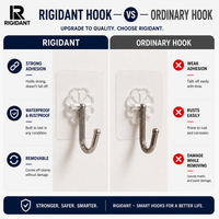 RIGIDANT Stainless Steel Self Adhesive Wall Hook | No Drilling | Waterproof | Rustproof | Heavy Duty 5 KG | Damage-Free Removable Hook for Bathroom, Kitchen, Bedroom & Office