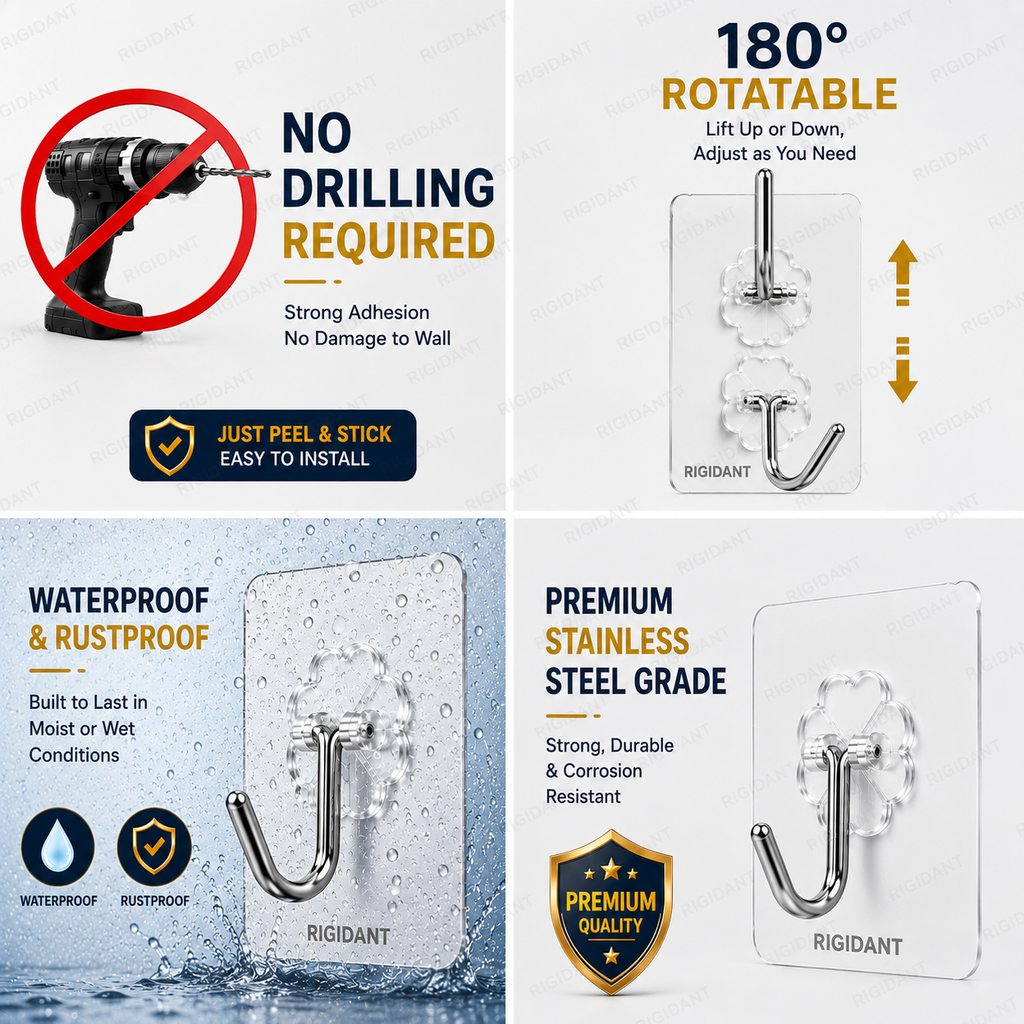 RIGIDANT Stainless Steel Self Adhesive Wall Hook | No Drilling | Waterproof | Rustproof | Heavy Duty 5 KG | Damage-Free Removable Hook for Bathroom, Kitchen, Bedroom & Office