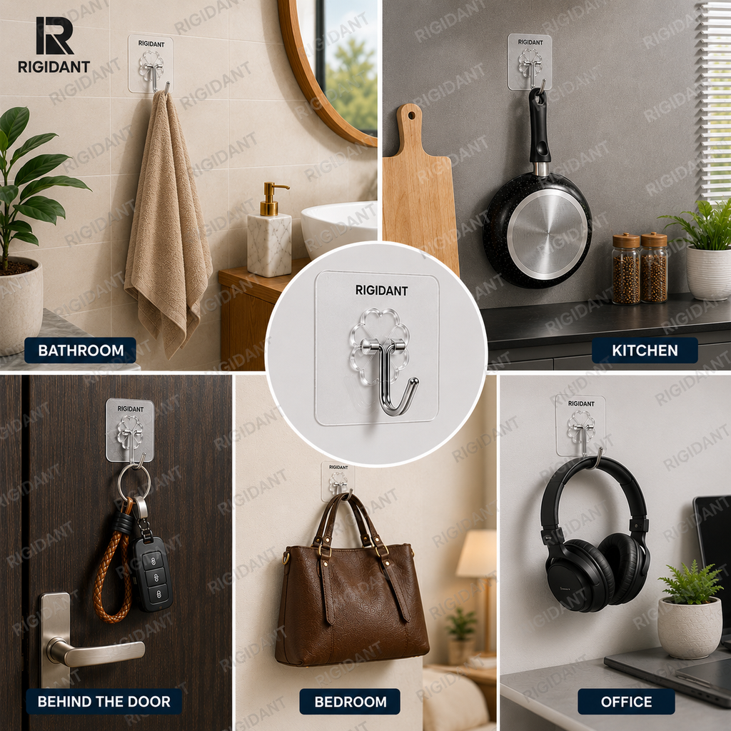 RIGIDANT Stainless Steel Self Adhesive Wall Hook | No Drilling | Waterproof | Rustproof | Heavy Duty 5 KG | Damage-Free Removable Hook for Bathroom, Kitchen, Bedroom & Office