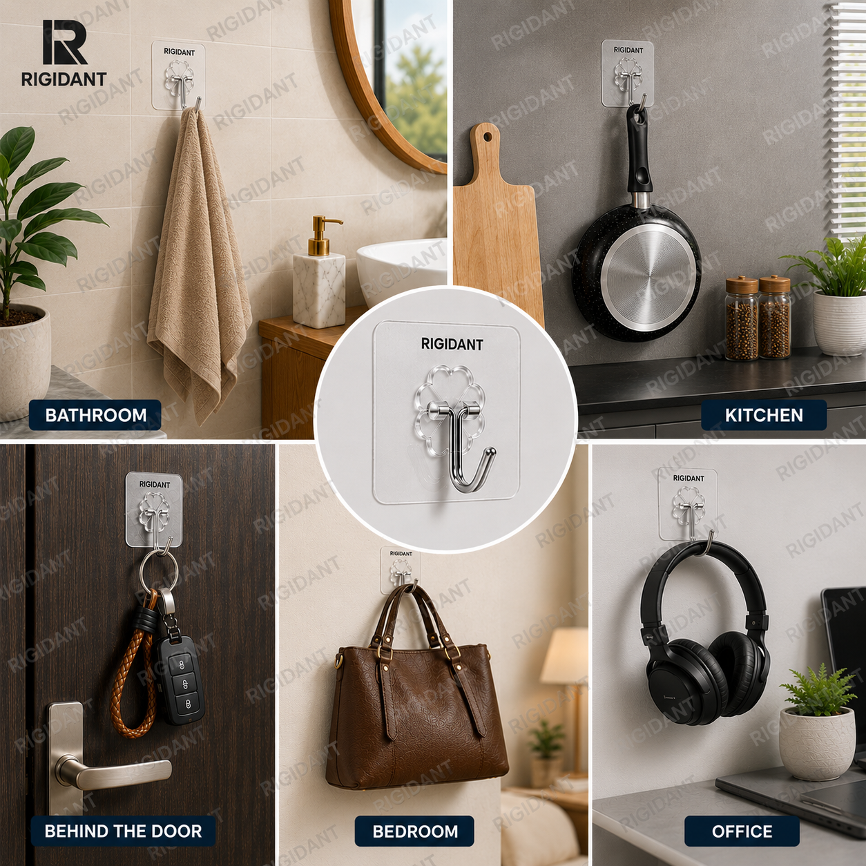 RIGIDANT Stainless Steel Self Adhesive Wall Hook | No Drilling | Waterproof | Rustproof | Heavy Duty 5 KG | Damage-Free Removable Hook for Bathroom, Kitchen, Bedroom & Office