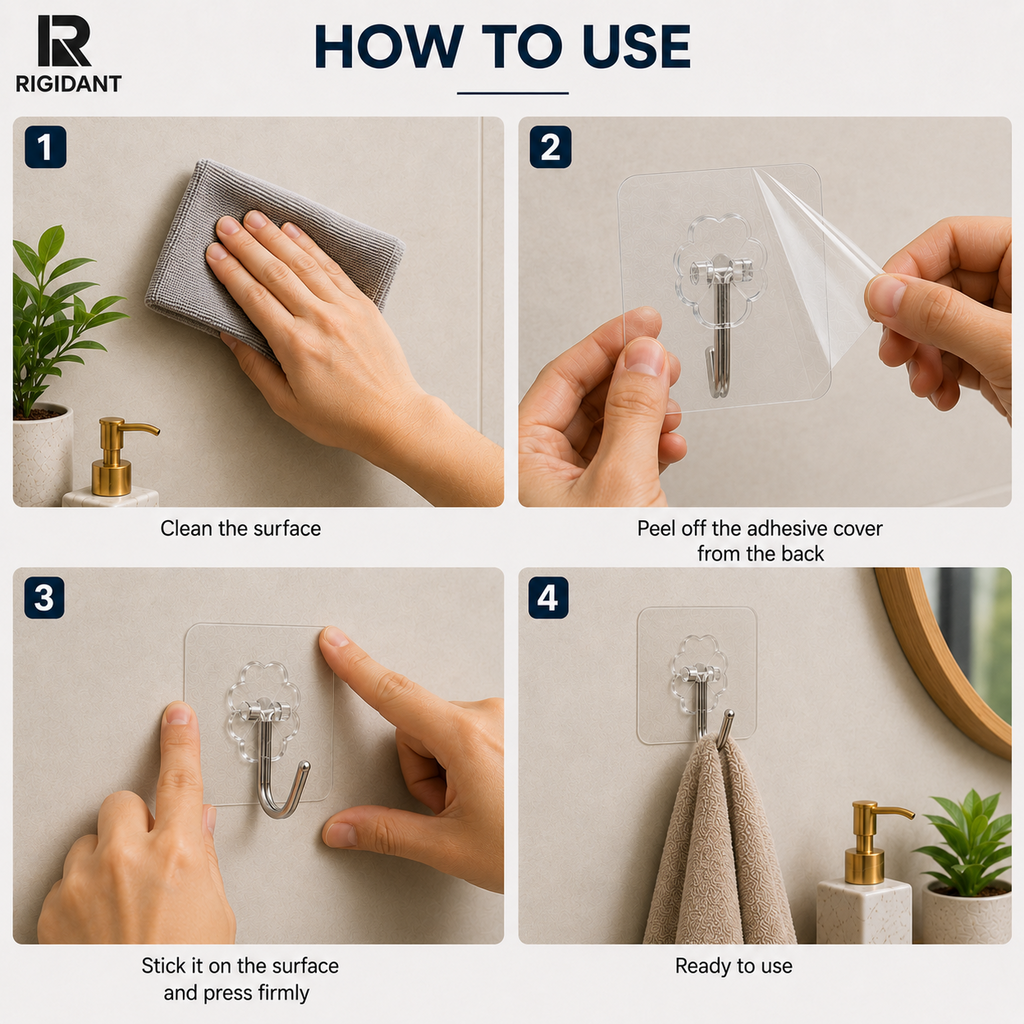 RIGIDANT Stainless Steel Self Adhesive Wall Hook | No Drilling | Waterproof | Rustproof | Heavy Duty 5 KG | Damage-Free Removable Hook for Bathroom, Kitchen, Bedroom & Office