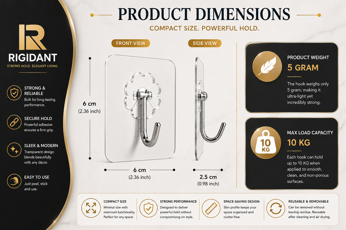 RIGIDANT wall hook dimensions and strength infographic