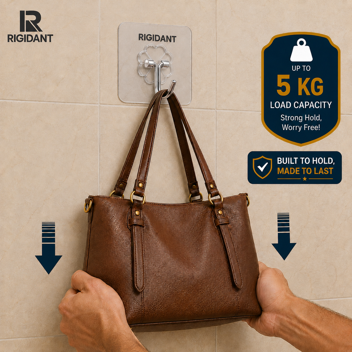 RIGIDANT hook holding a heavy bag, up to 5 KG load capacity