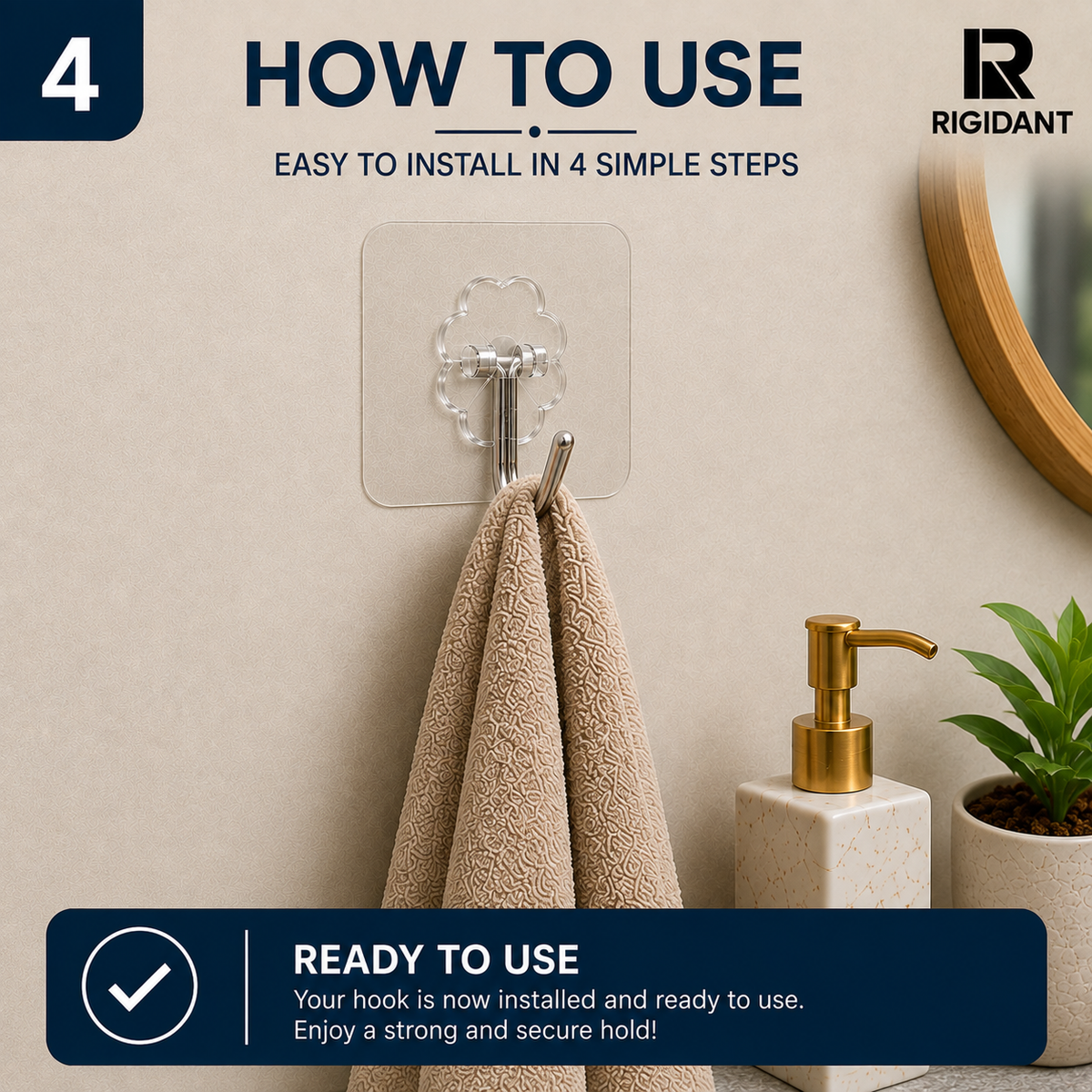 RIGIDANT hook installed on the wall, ready to use and holding up to 5 kg